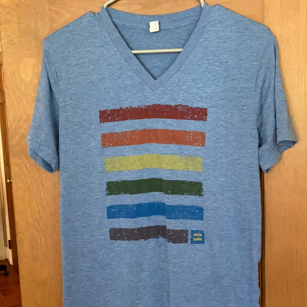 Men’s v-neck tee shirt with pride rainbow